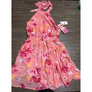 Emerald Sundae Floral Halter Mini Dress Coral Pink Smocked Tiered NWT Large